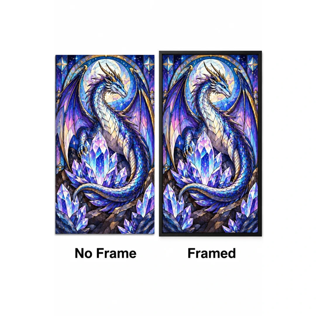 Crystal Dragon Amethyst Diamond Painting Kit — No Frame and Framed style comparison