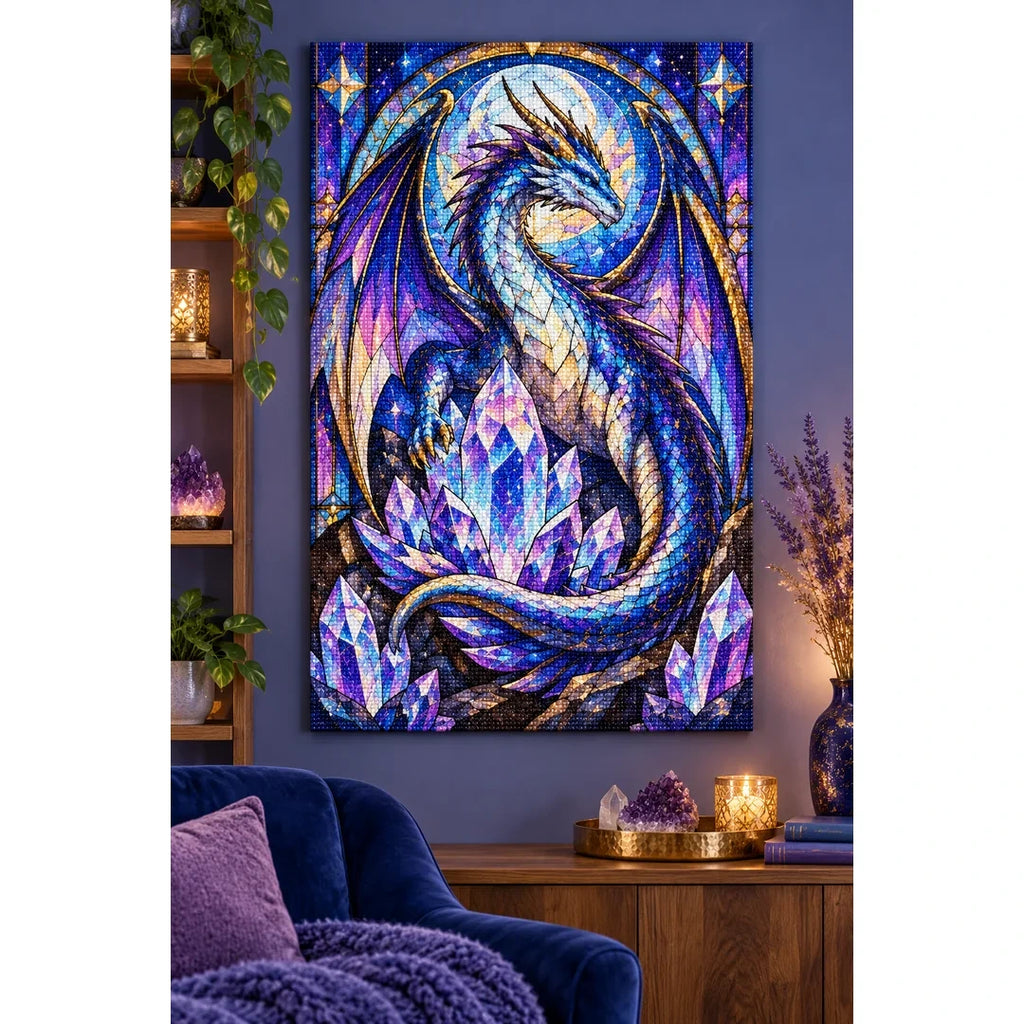 Crystal Dragon Amethyst Diamond Painting Kit — finished diamond painting in a home setting