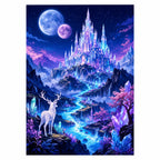 Original artwork for Crystal Kingdom Under Twin Moons Diamond Painting Kit, featuring a crystal castle below twin moons, purple mountains and a white deer.