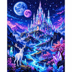 Completed Crystal Kingdom Under Twin Moons diamond painting showing a crystal castle below twin moons, purple mountains and a white deer.