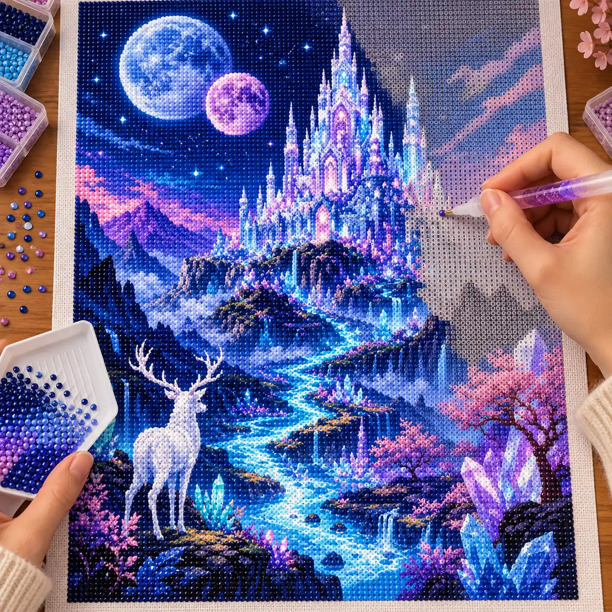 Making the Crystal Kingdom Under Twin Moons diamond painting, with hands placing drills over a crystal castle below twin moons, purple mountains and a white deer.