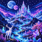 Close-up of drill texture and details in a crystal castle below twin moons, purple mountains and a white deer.