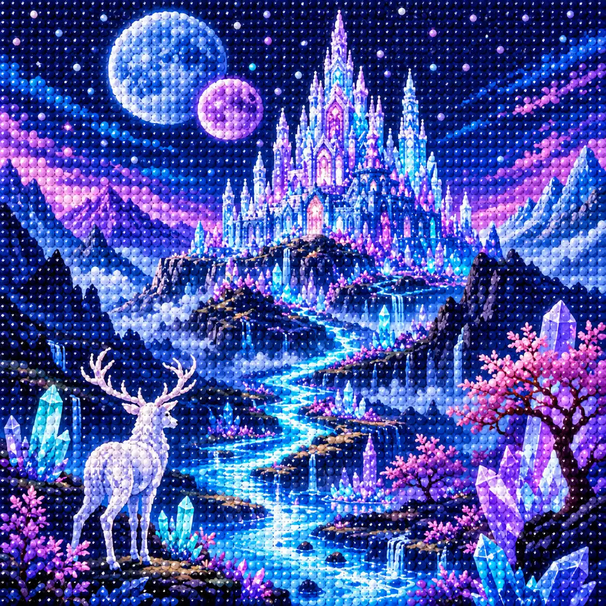 Close-up of drill texture and details in a crystal castle below twin moons, purple mountains and a white deer.