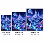 Size guide for Crystal Kingdom Under Twin Moons Diamond Painting Kit with 20 × 30 cm, 30 × 40 cm and 40 × 50 cm options.