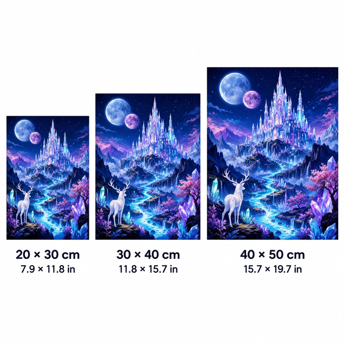 Size guide for Crystal Kingdom Under Twin Moons Diamond Painting Kit with 20 × 30 cm, 30 × 40 cm and 40 × 50 cm options.