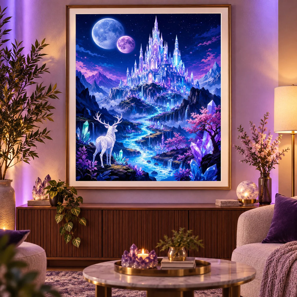 Home decor scene with the Crystal Kingdom Under Twin Moons diamond painting featuring a crystal castle below twin moons, purple mountains and a white deer.