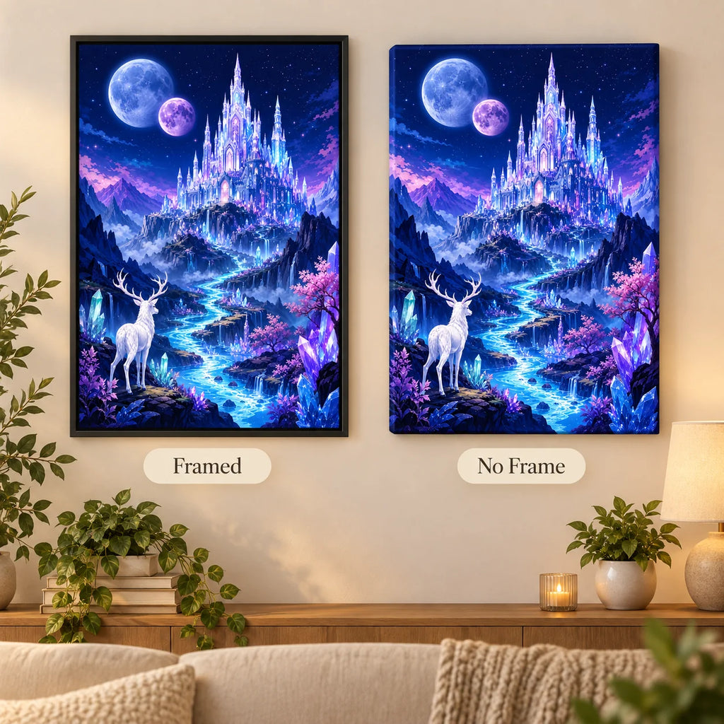 Framed and no-frame comparison for the Crystal Kingdom Under Twin Moons diamond painting, featuring a crystal castle below twin moons, purple mountains and a white deer.