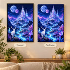 Framed and no-frame comparison for the Crystal Kingdom Under Twin Moons diamond painting, featuring a crystal castle below twin moons, purple mountains and a white deer.