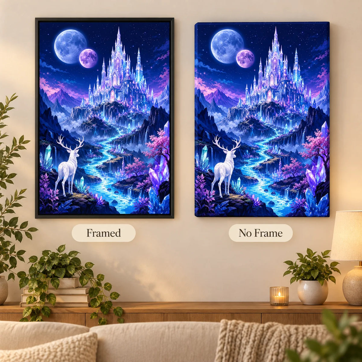 Framed and no-frame comparison for the Crystal Kingdom Under Twin Moons diamond painting, featuring a crystal castle below twin moons, purple mountains and a white deer.