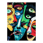 White-background original artwork of expressive overlapping cubist faces in bold colors