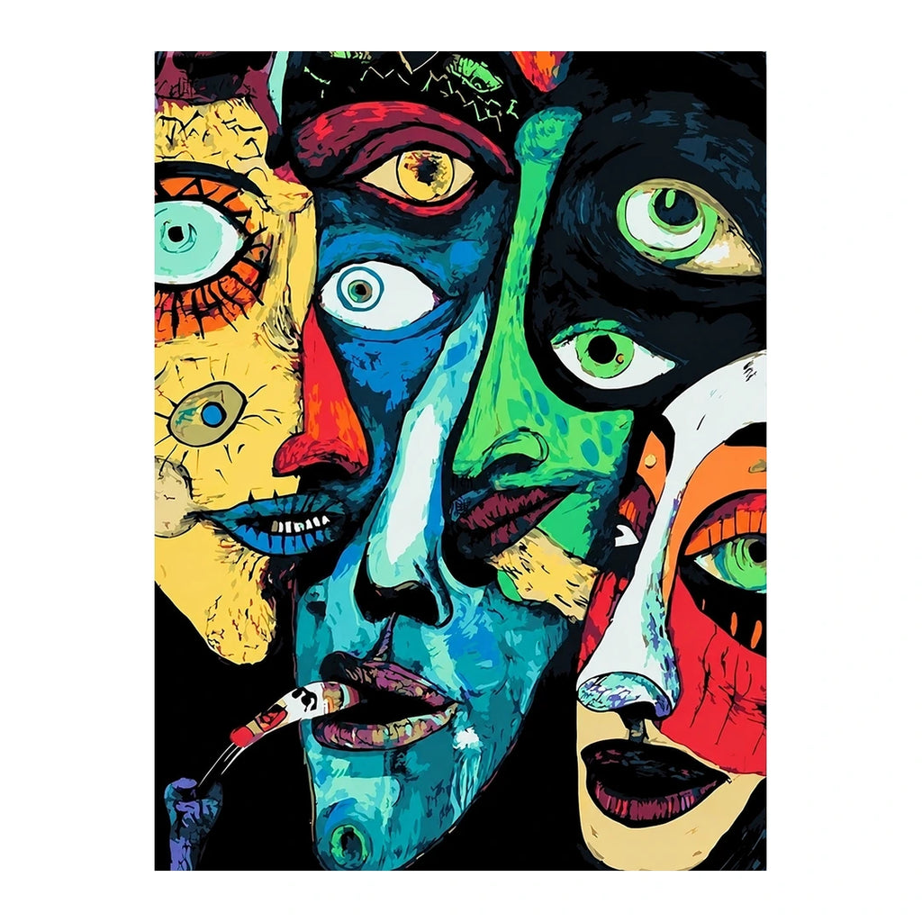 White-background original artwork of expressive overlapping cubist faces in bold colors