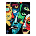 White-background original artwork of expressive overlapping cubist faces in bold colors