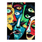 White-background original artwork of expressive overlapping cubist faces in bold colors