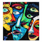 White-background finished diamond painting of overlapping cubist faces with angular features