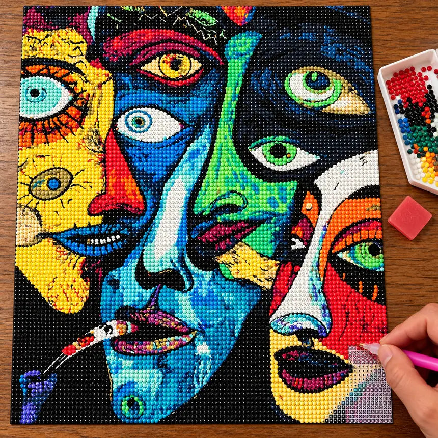 Diamond painting process showing colorful cubist faces being completed with a stylus