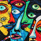 Close-up diamond drill detail of angular eyes and vivid cubist facial shapes