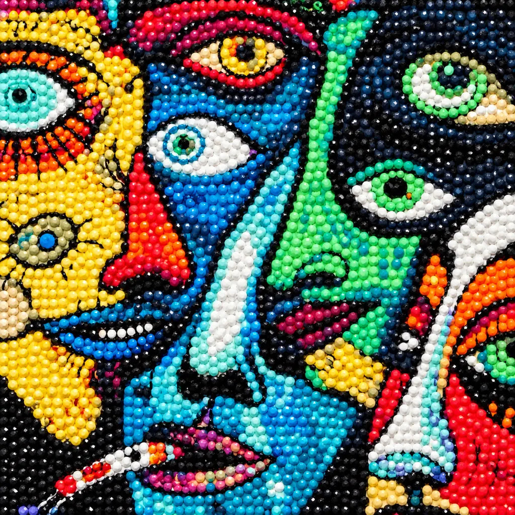 Close-up diamond drill detail of angular eyes and vivid cubist facial shapes