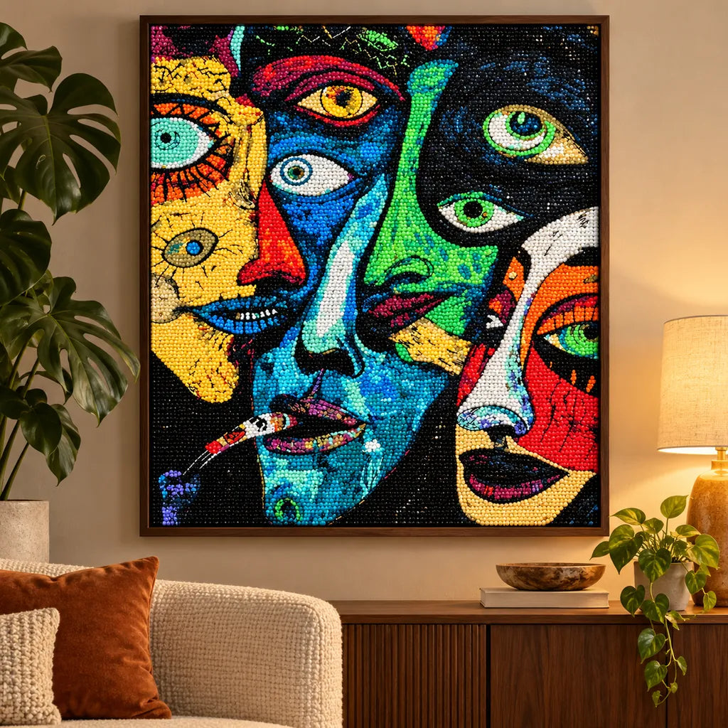Framed cubist faces diamond painting displayed as contemporary home decor