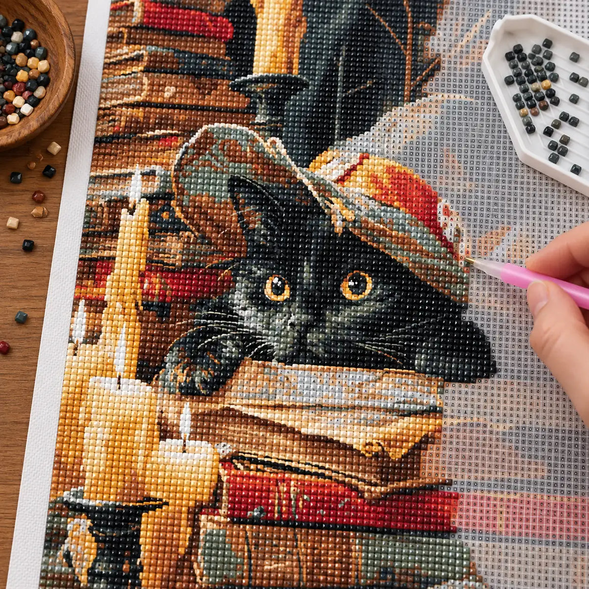 Diamond painting process for Curious Cat In Candlelight Diamond Painting Kit