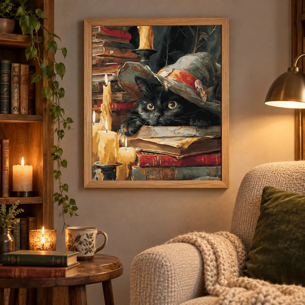 Home decor scene for Curious Cat In Candlelight Diamond Painting Kit