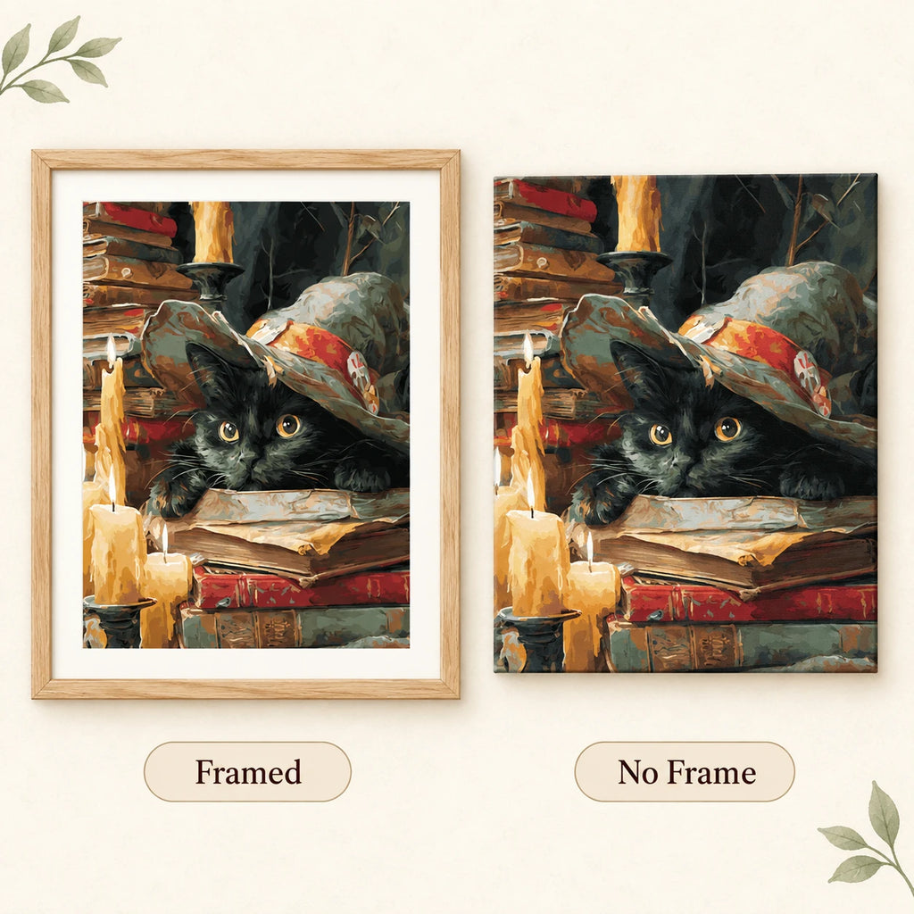 Framed and no-frame comparison for Curious Cat In Candlelight Diamond Painting Kit