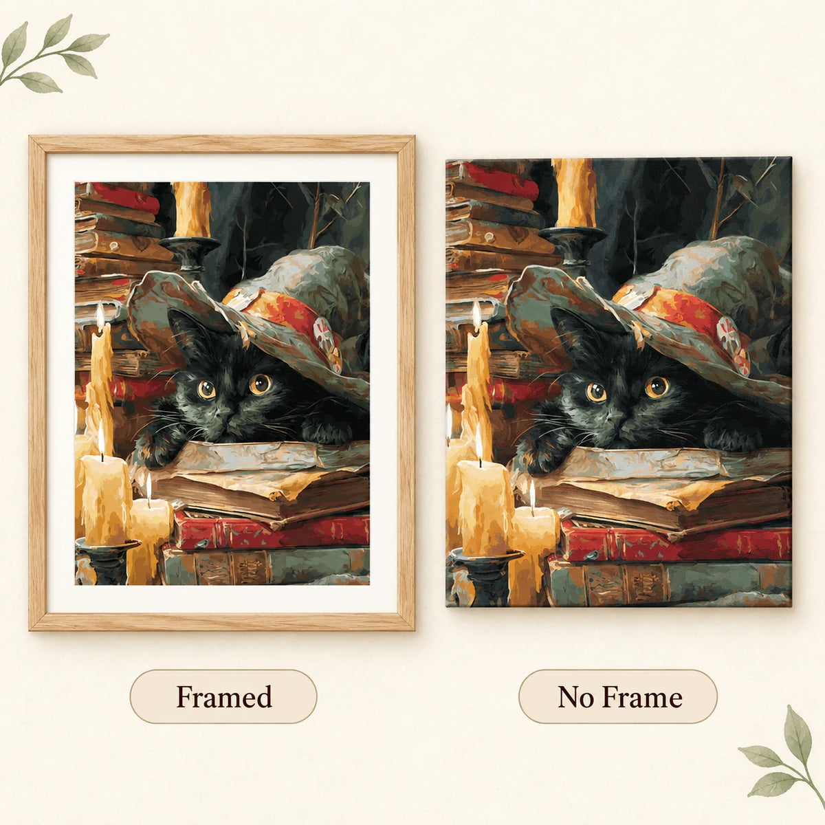 Framed and no-frame comparison for Curious Cat In Candlelight Diamond Painting Kit
