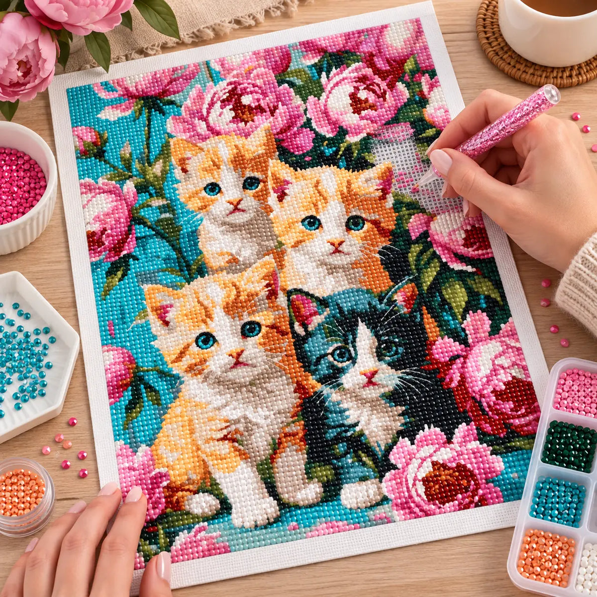 Diamond painting process for Curious Kittens In Bloom Diamond Painting Kit