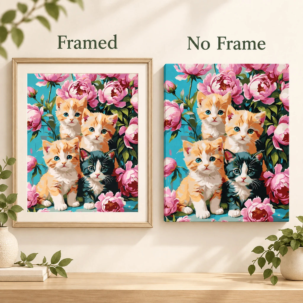 Framed and no-frame comparison for Curious Kittens In Bloom Diamond Painting Kit