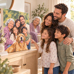A family displaying a personalized paint by numbers portrait created from their photo