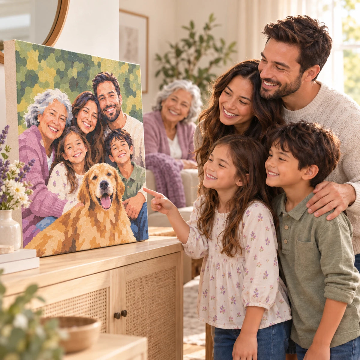 A family displaying a personalized paint by numbers portrait created from their photo