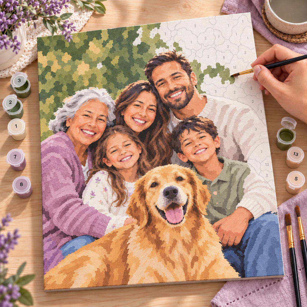 A custom family paint by numbers canvas in progress with numbered sections and acrylic paints