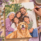 A custom family paint by numbers canvas in progress with numbered sections and acrylic paints