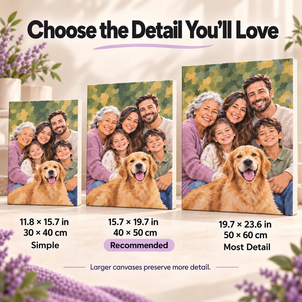 Custom paint by numbers size guide comparing 30 by 40, 40 by 50, and 50 by 60 centimeter canvases