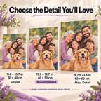 Custom paint by numbers size guide comparing 30 by 40, 40 by 50, and 50 by 60 centimeter canvases