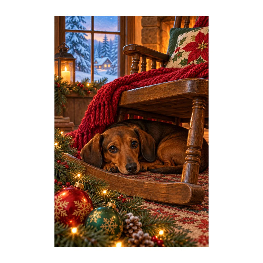 White-background original artwork of dachshund in a rocking chair