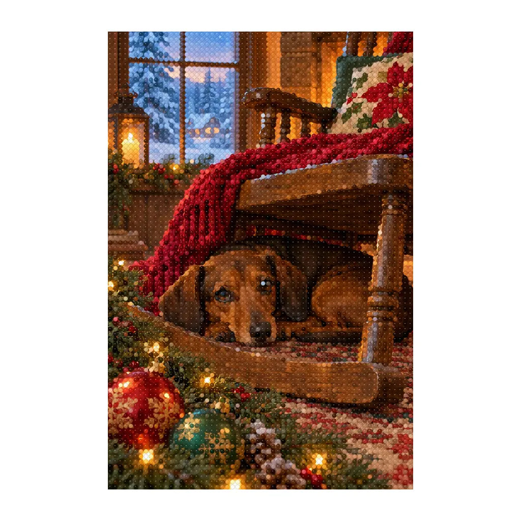 White-background finished diamond painting of dachshund in a rocking chair