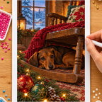Hands placing drills on the dachshund in a rocking chair diamond painting canvas