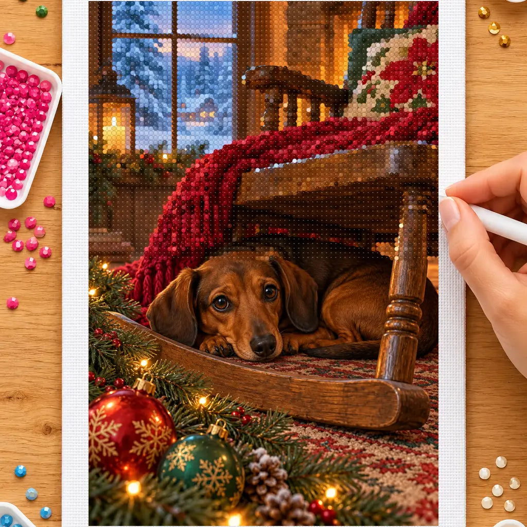 Hands placing drills on the dachshund in a rocking chair diamond painting canvas