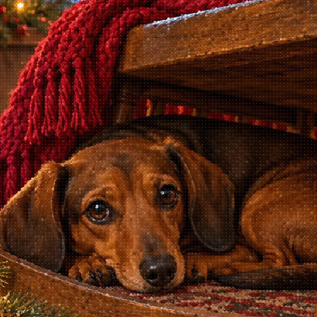 Close-up diamond detail of the dachshund in a rocking chair diamond painting