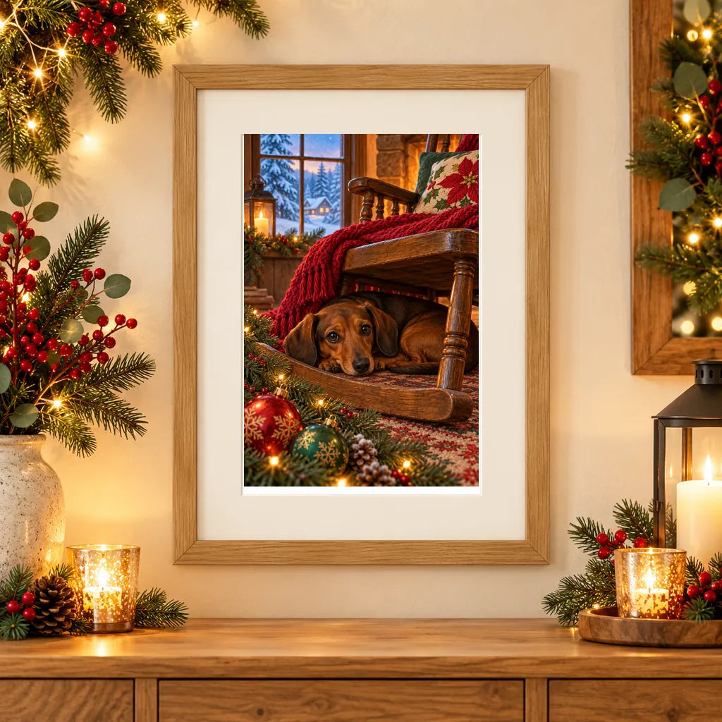 Framed home display of the dachshund in a rocking chair diamond painting