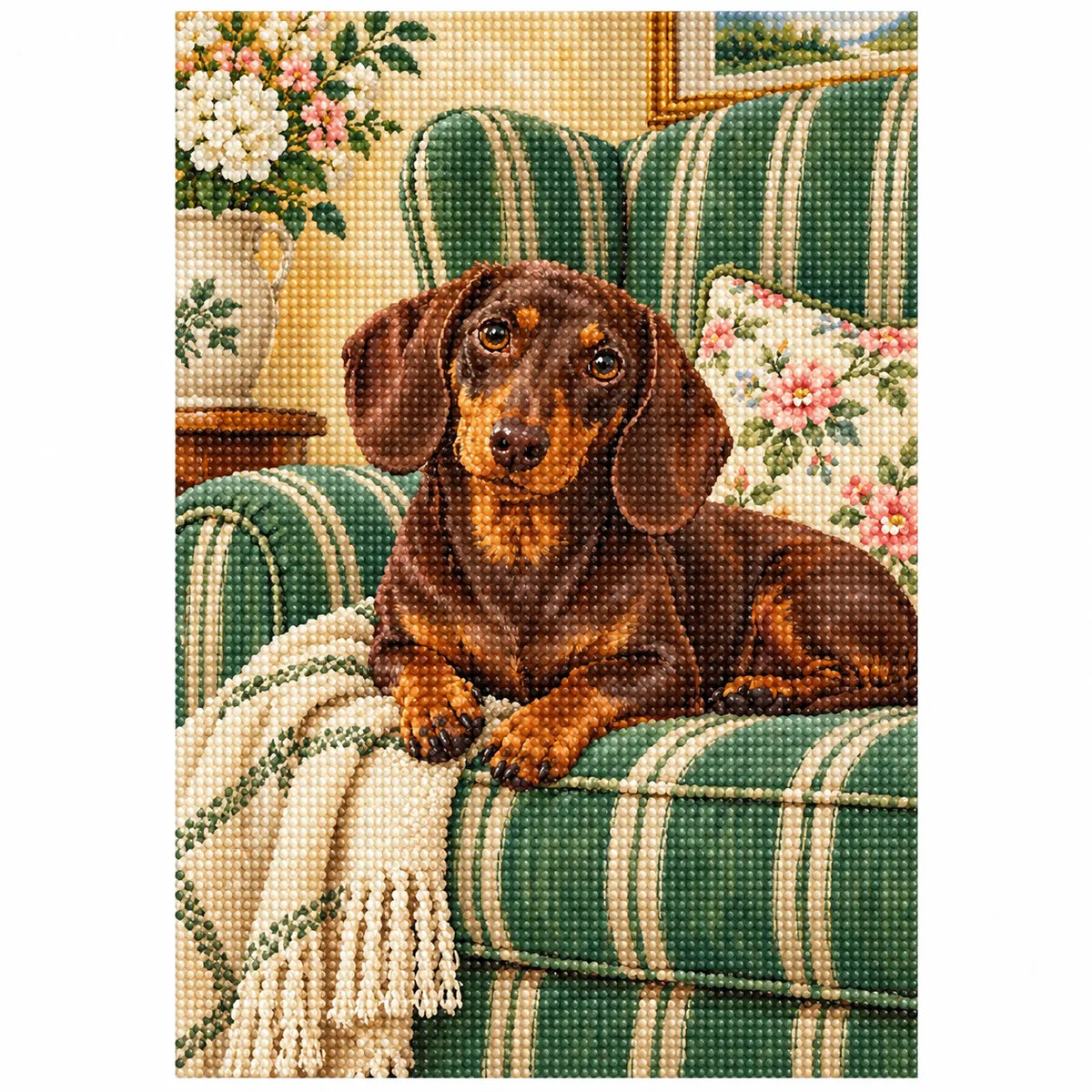 Finished white-background diamond painting of Dachshund Striped Chair