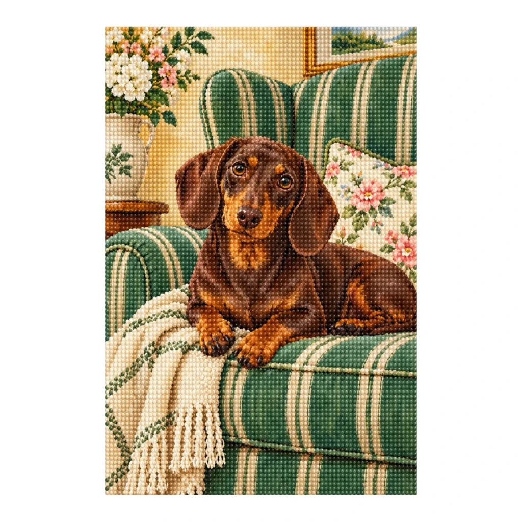 Finished white-background diamond painting of Dachshund Striped Chair