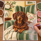 Hands placing drills on the Dachshund Striped Chair diamond painting canvas