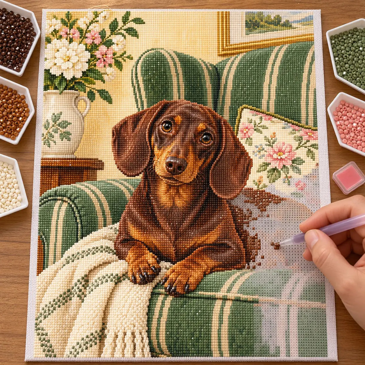 Hands placing drills on the Dachshund Striped Chair diamond painting canvas