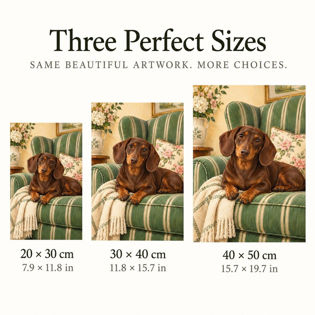 Dachshund Striped Chair diamond painting in 20 by 30, 30 by 40, and 40 by 50 centimeter sizes