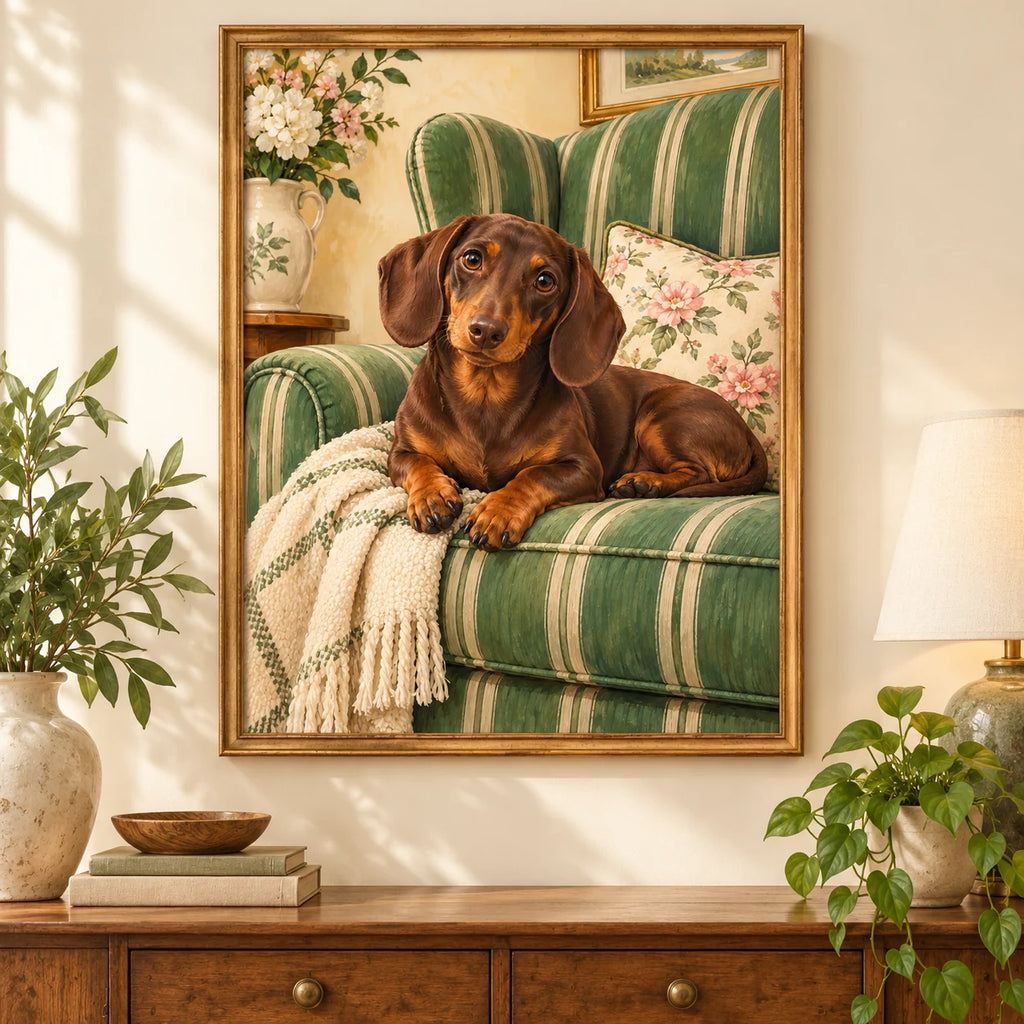 Framed Dachshund Striped Chair diamond painting displayed in a home interior