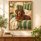 Framed Dachshund Striped Chair diamond painting displayed in a home interior
