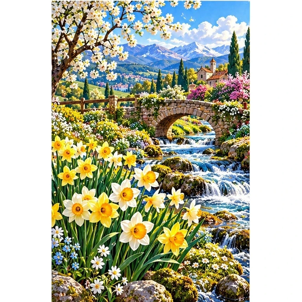 Daffodil Stream Spring Bridge — original artwork on a clean white background