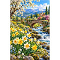 Daffodil Stream Spring Bridge — original artwork on a clean white background