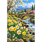 Daffodil Stream Spring Bridge — original artwork on a clean white background